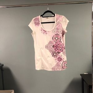 White with Pink/Purple Patterned T-Shirt